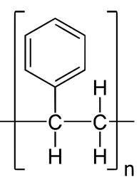 Polystyrene consists of long hydrocarbon chains with a phenyl group in the repeating monomer unit